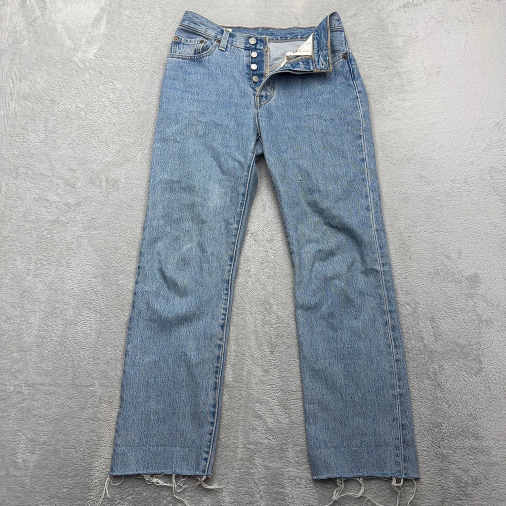 Levis 501 Original Jeans Womens 25 Light Blue Premium Straight Leg Raw Hem Denim
